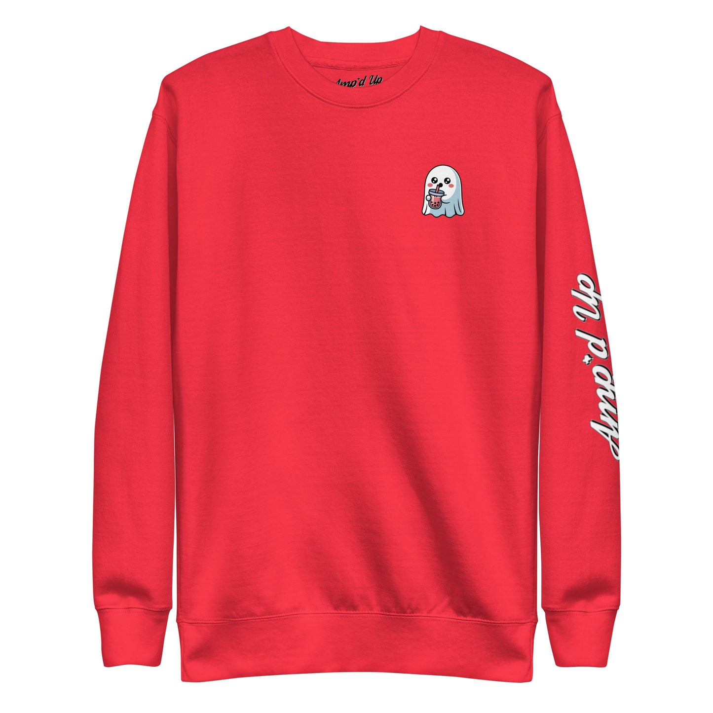 Red Ghost with Boba Sweatshirt by Amp'd Up Custom featuring a cute ghost holding a boba drink