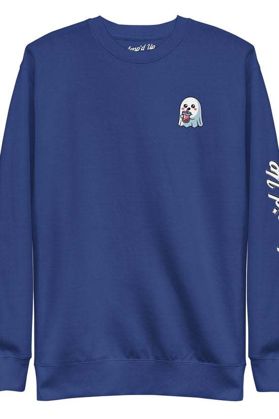 Amp'd Up Custom blue sweatshirt featuring Ghost with Boba Sweatshirt design and logo on sleeve
