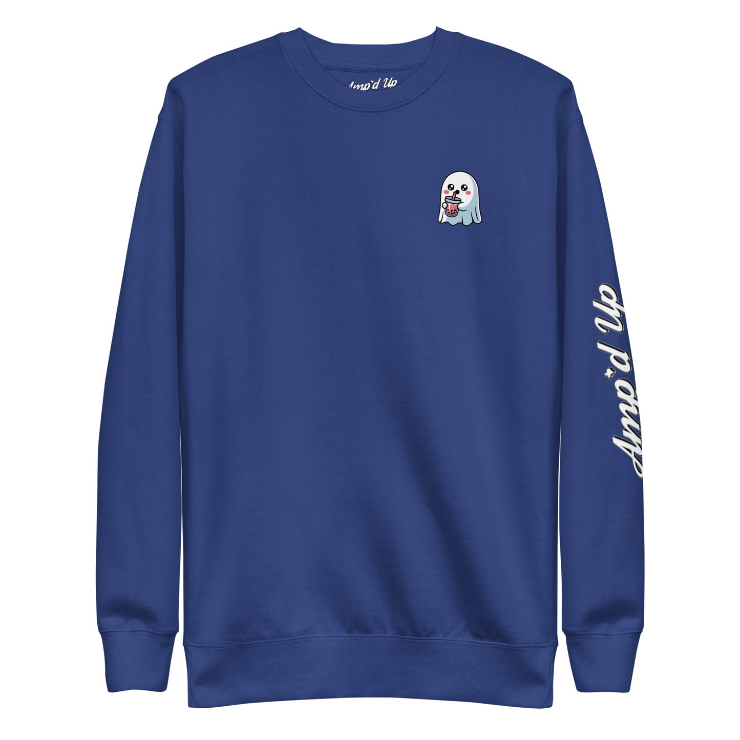 Amp'd Up Custom blue sweatshirt featuring Ghost with Boba Sweatshirt design and logo on sleeve