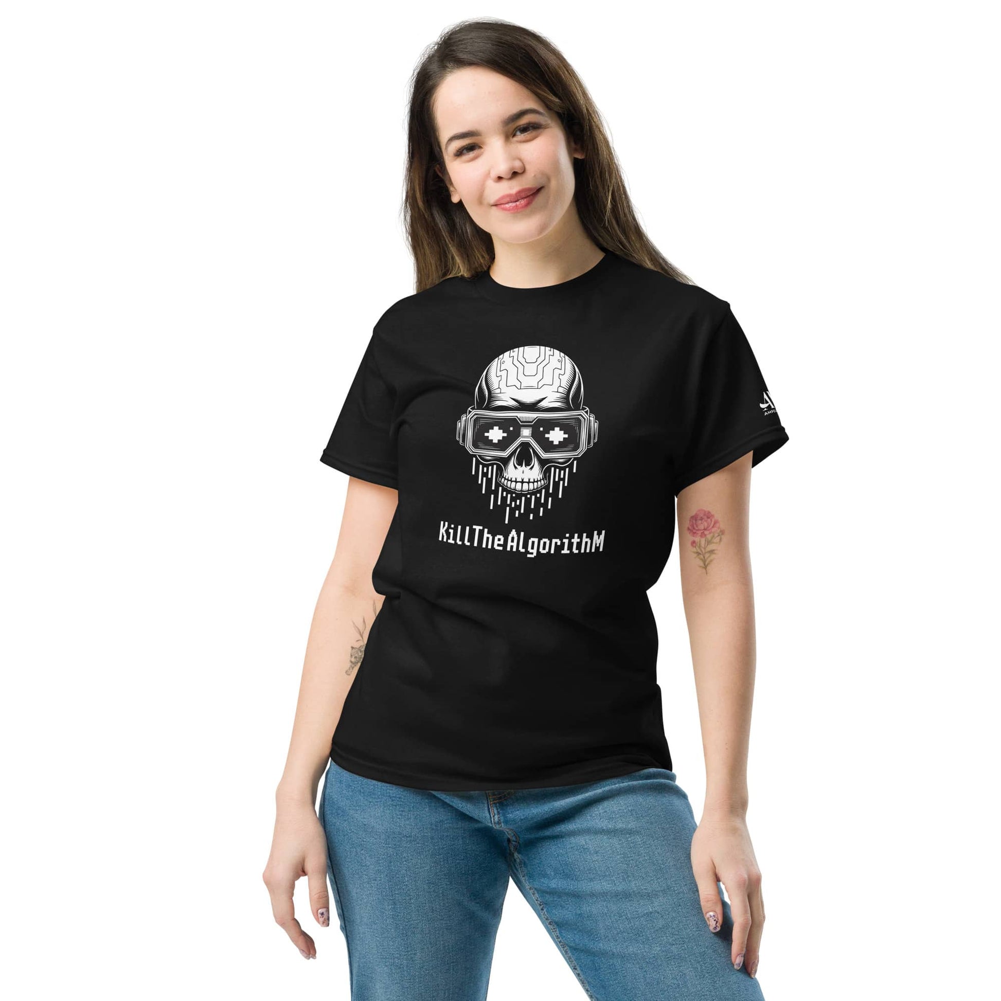Algorithm Skull Graphic T-Shirt Matrix Hacker Tee featuring a striking skull design on a black shirt