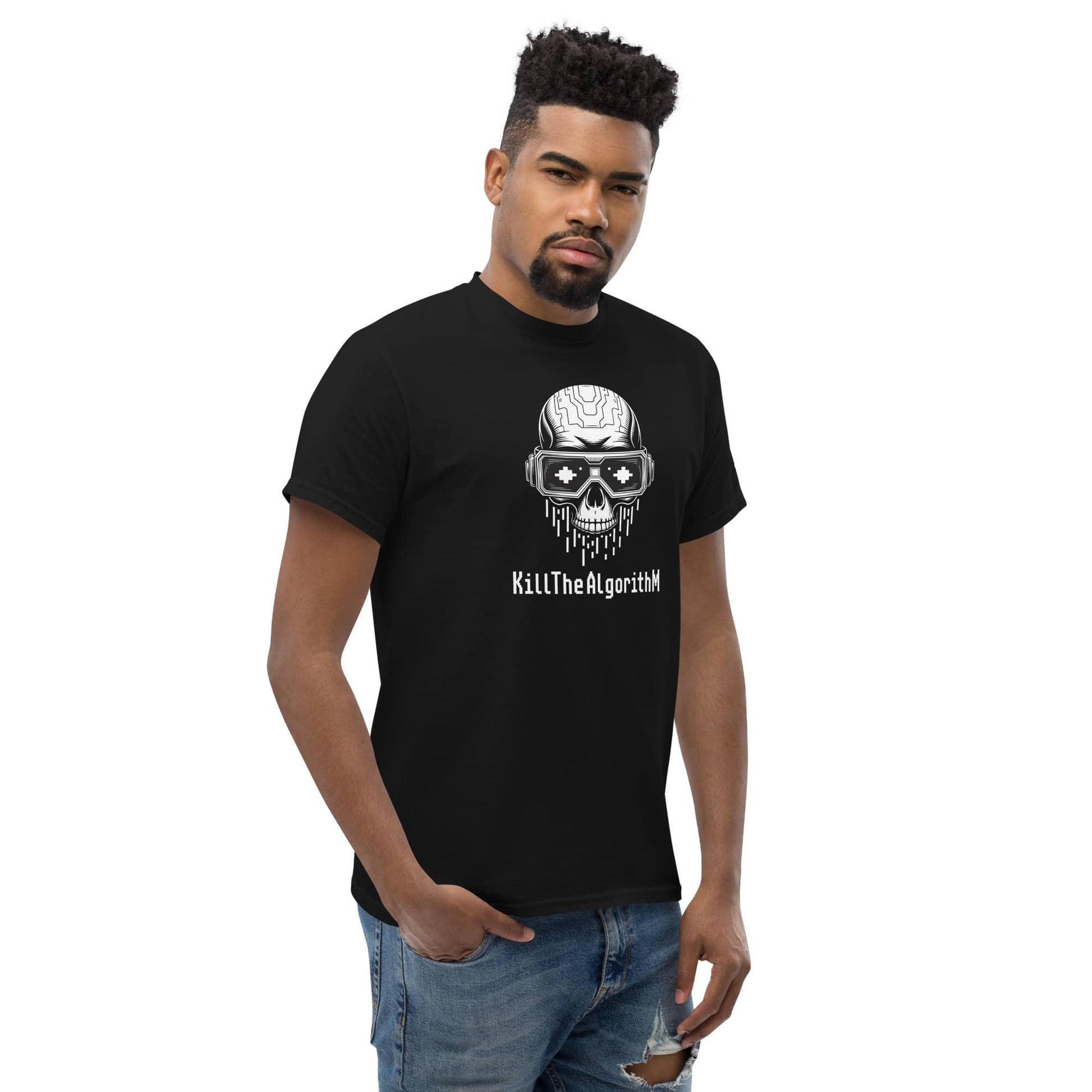 Amp'd Up Custom Algorithm Skull Graphic T-Shirt Matrix Hacker Tee in black with unique design