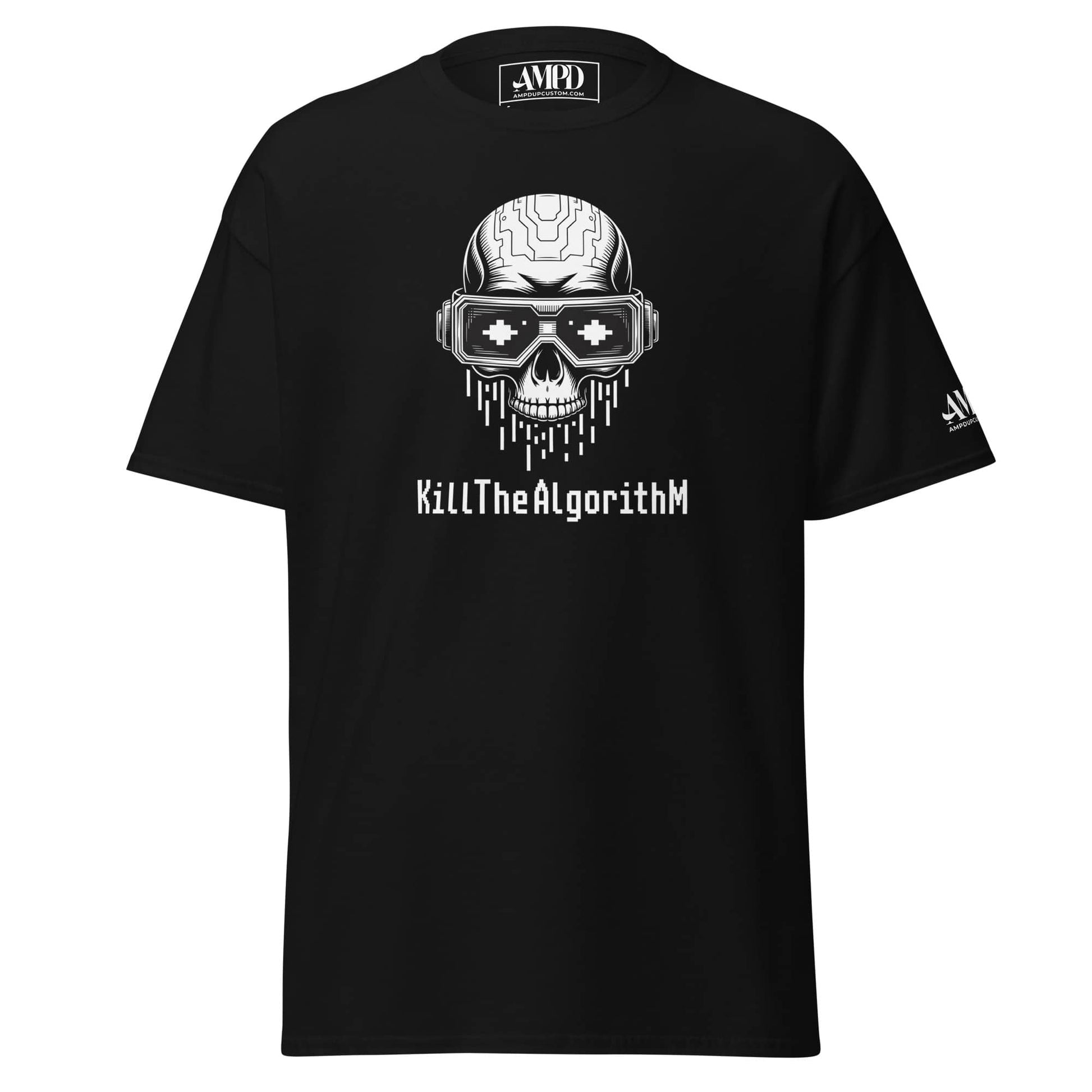Amp'd Up Custom Algorithm Skull Graphic T-Shirt Matrix Hacker Tee featuring a skull design with glasses