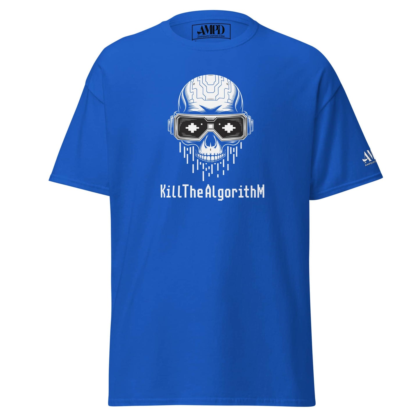 Blue Algorithm Skull Graphic T-Shirt Matrix Hacker Tee with a unique skull design and bold lettering