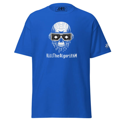 Blue Algorithm Skull Graphic T-Shirt Matrix Hacker Tee with a unique skull design and bold lettering