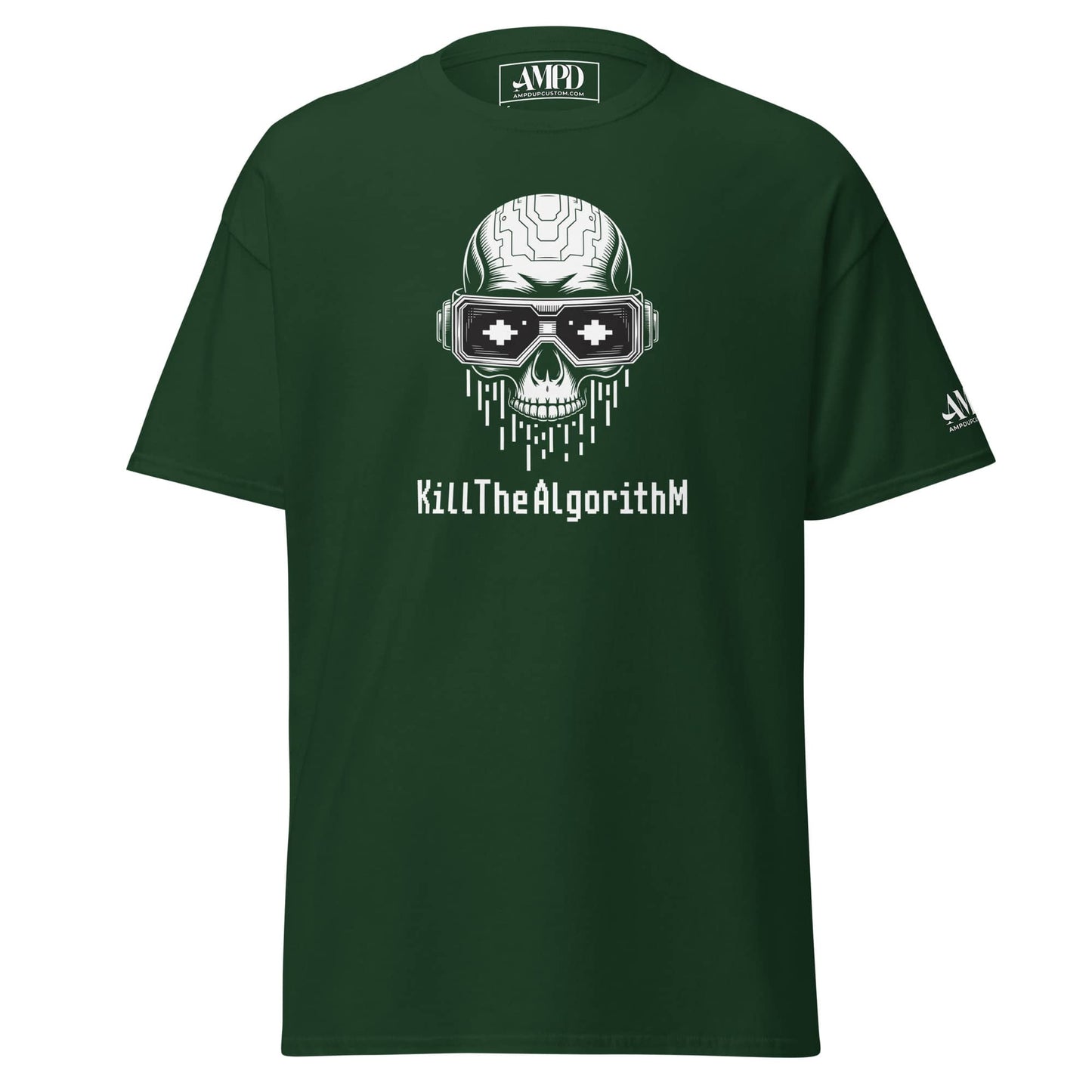 Algorithm Skull Graphic T-Shirt Matrix Hacker Tee in green featuring a digital skull design