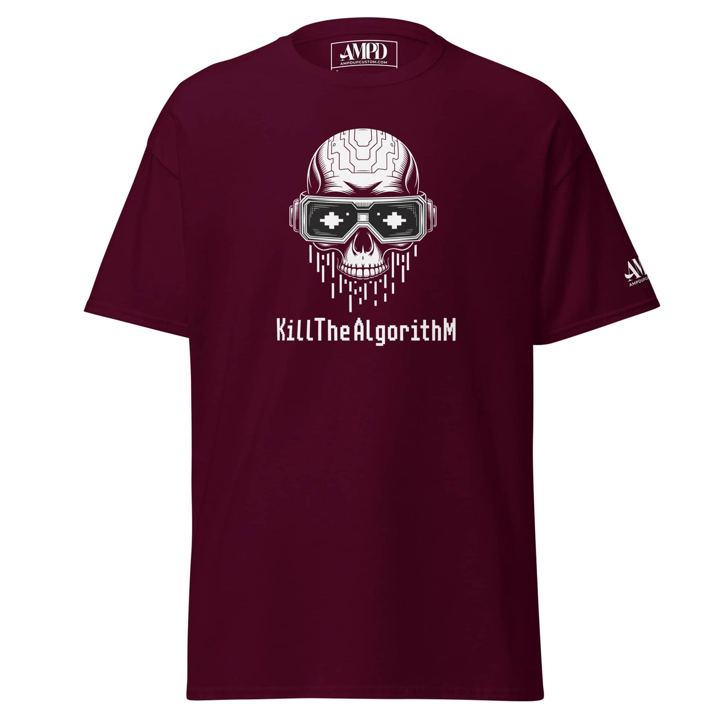 Amp'd Up Custom Algorithm Skull Graphic T-Shirt Matrix Hacker Tee in maroon with a unique skull design