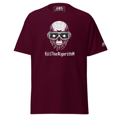 Amp'd Up Custom Algorithm Skull Graphic T-Shirt Matrix Hacker Tee in maroon with a unique skull design