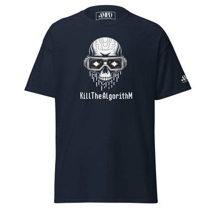 Amp'd Up Custom Algorithm Skull Graphic T-Shirt Matrix Hacker Tee in navy with a stylish design