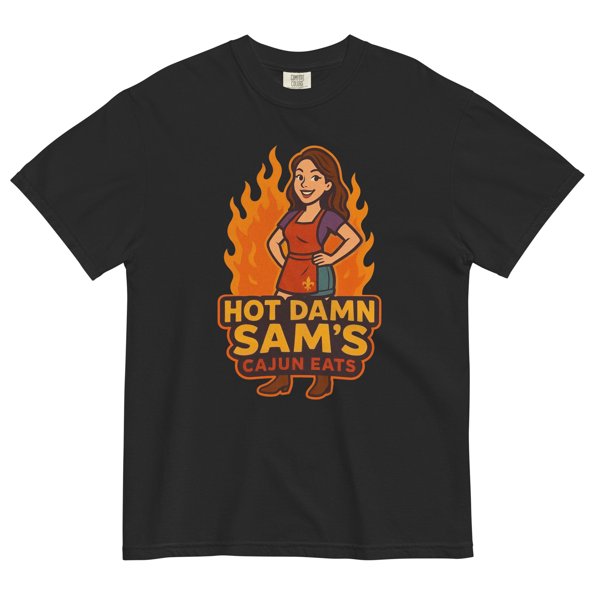 Black Hot Damn Sams Food Truck T-Shirt featuring a cartoon chef with flames design