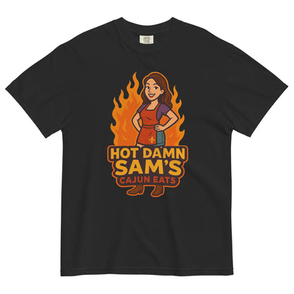Black Hot Damn Sams Food Truck T-Shirt featuring a cartoon chef with flames design