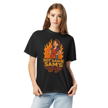 Hot Damn Sams Food Truck T-Shirt featuring a cartoon chef with flames behind for food lovers