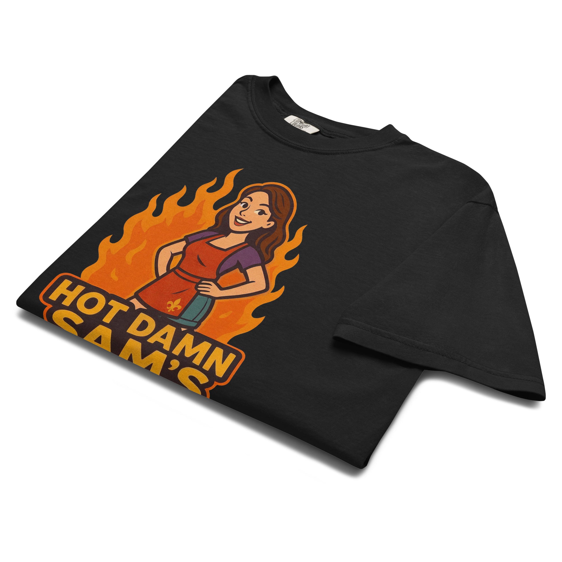 Hot Damn Sams Food Truck T-Shirt featuring a cartoon chef and vibrant flame design