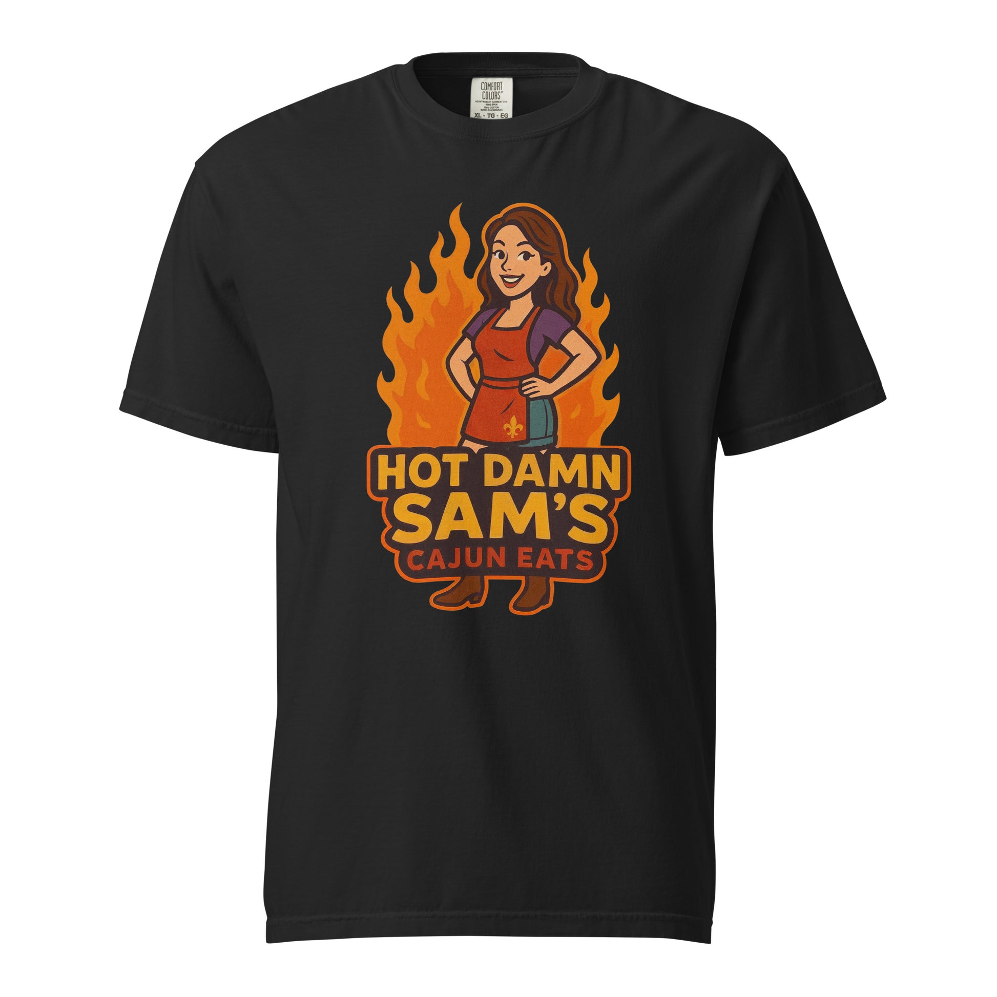 Hot Damn Sams Food Truck T-Shirt featuring a bold design with flames and a cheerful character