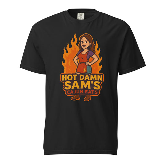 Hot Damn Sams Food Truck T-Shirt featuring a bold design with flames and a cheerful character