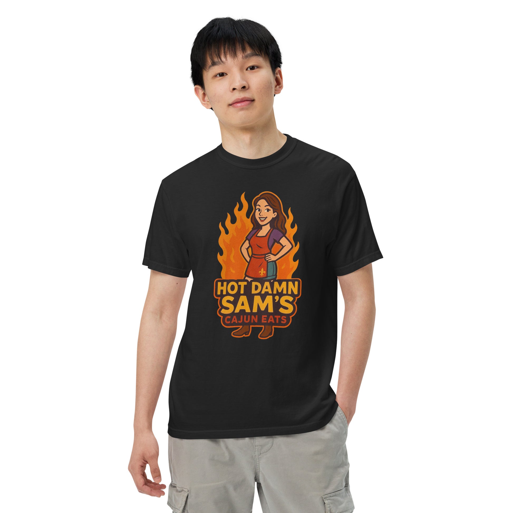 Hot Damn Sams Food Truck T-Shirt featuring a bold design with flames and a character illustration