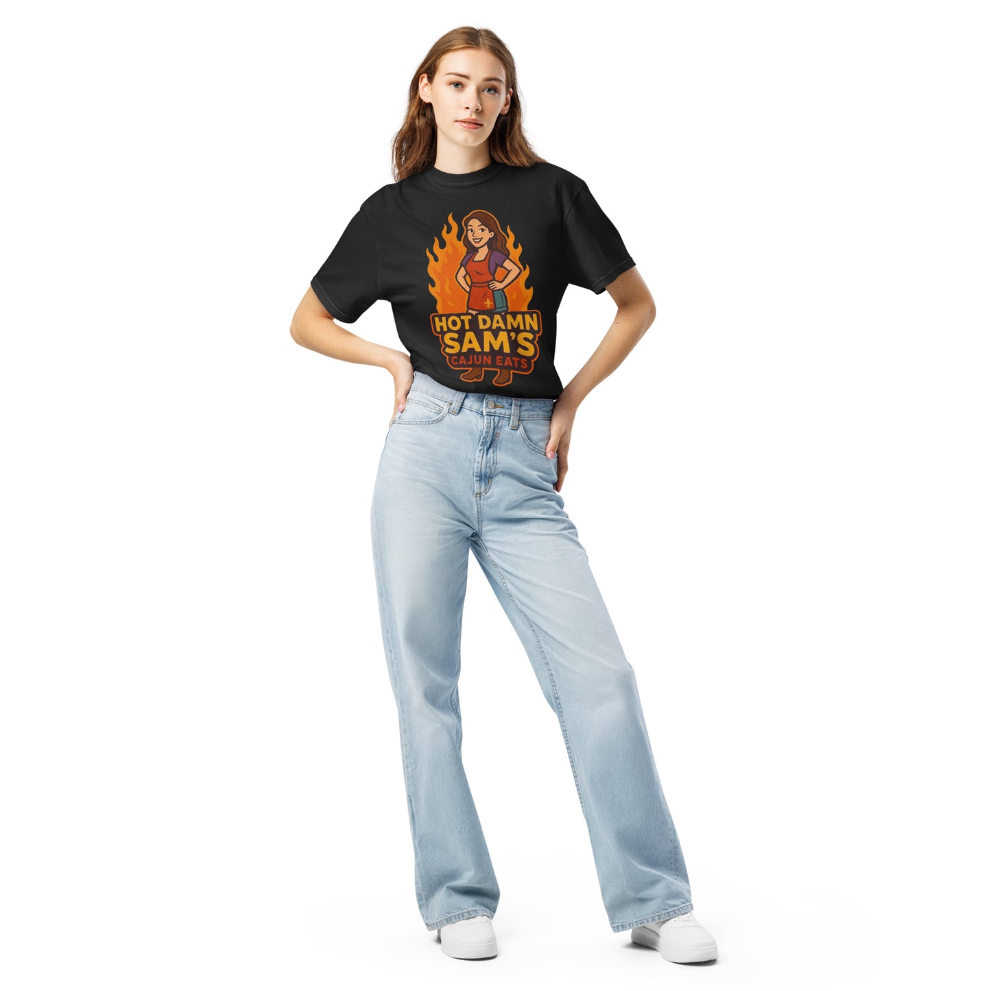 Woman wearing Hot Damn Sams Food Truck T-Shirt with colorful graphic design and flame accents