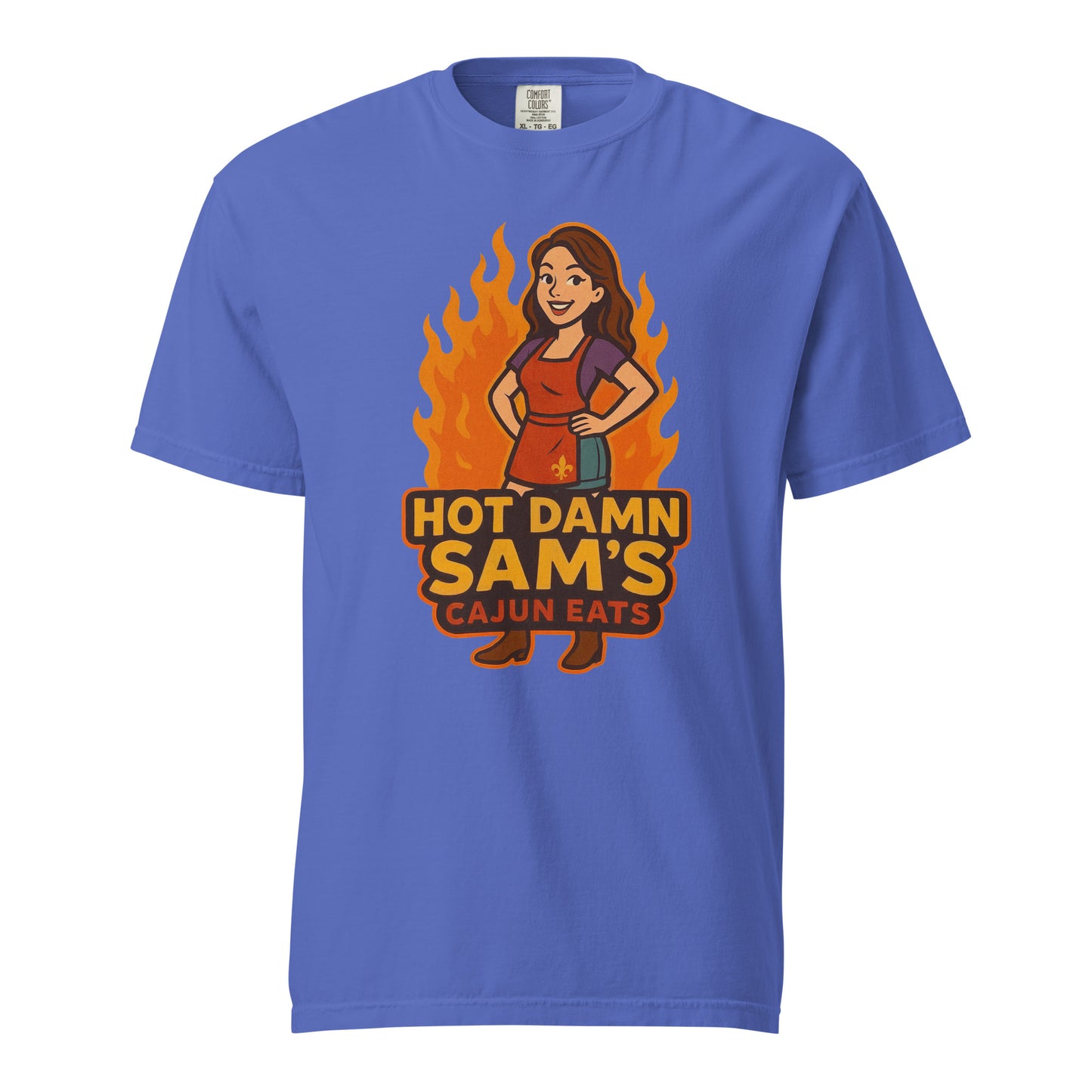 Hot Damn Sams Food Truck T-Shirt in Blue featuring a fun graphic design and vibrant colors