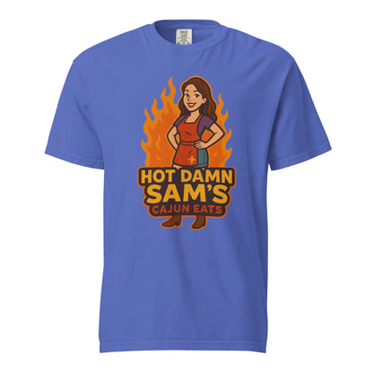 Hot Damn Sams Food Truck T-Shirt in Blue featuring a fun graphic design and vibrant colors