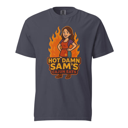 Hot Damn Sams Food Truck T-Shirt featuring a cartoon chef in front of flames