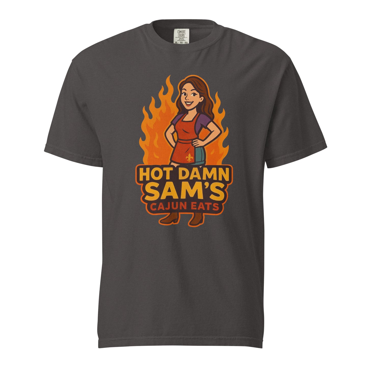 Hot Damn Sams Food Truck T-Shirt featuring a cartoon woman and fiery design for food truck enthusiasts