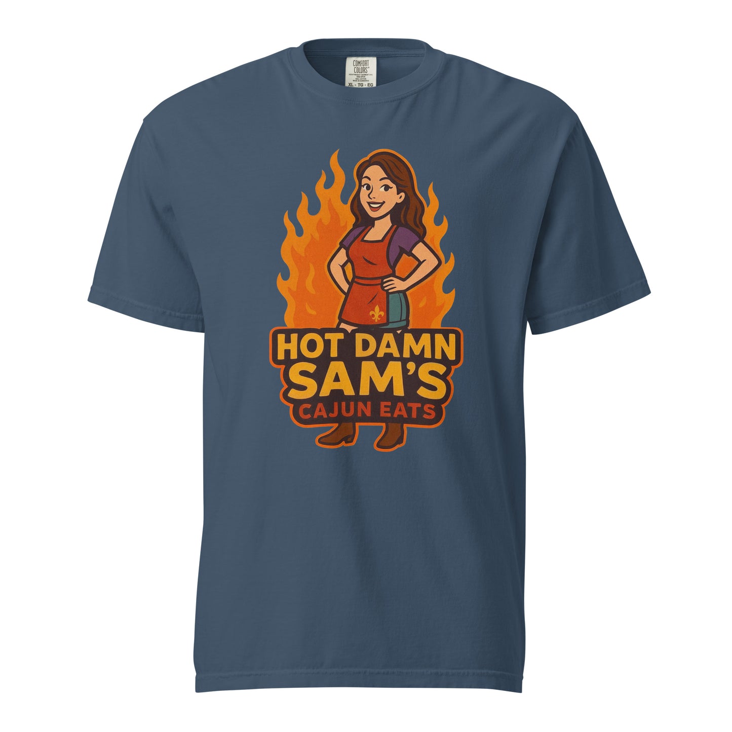 Hot Damn Sams Food Truck T-Shirt featuring a Cajun-themed graphic and vibrant colors