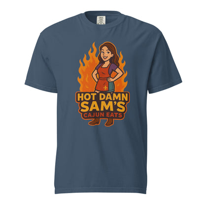 Hot Damn Sams Food Truck T-Shirt featuring a Cajun-themed graphic and vibrant colors