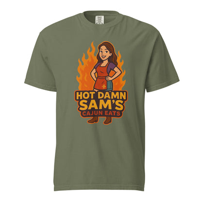 Hot Damn Sams Food Truck T-Shirt featuring a cartoon character and fiery design in olive green