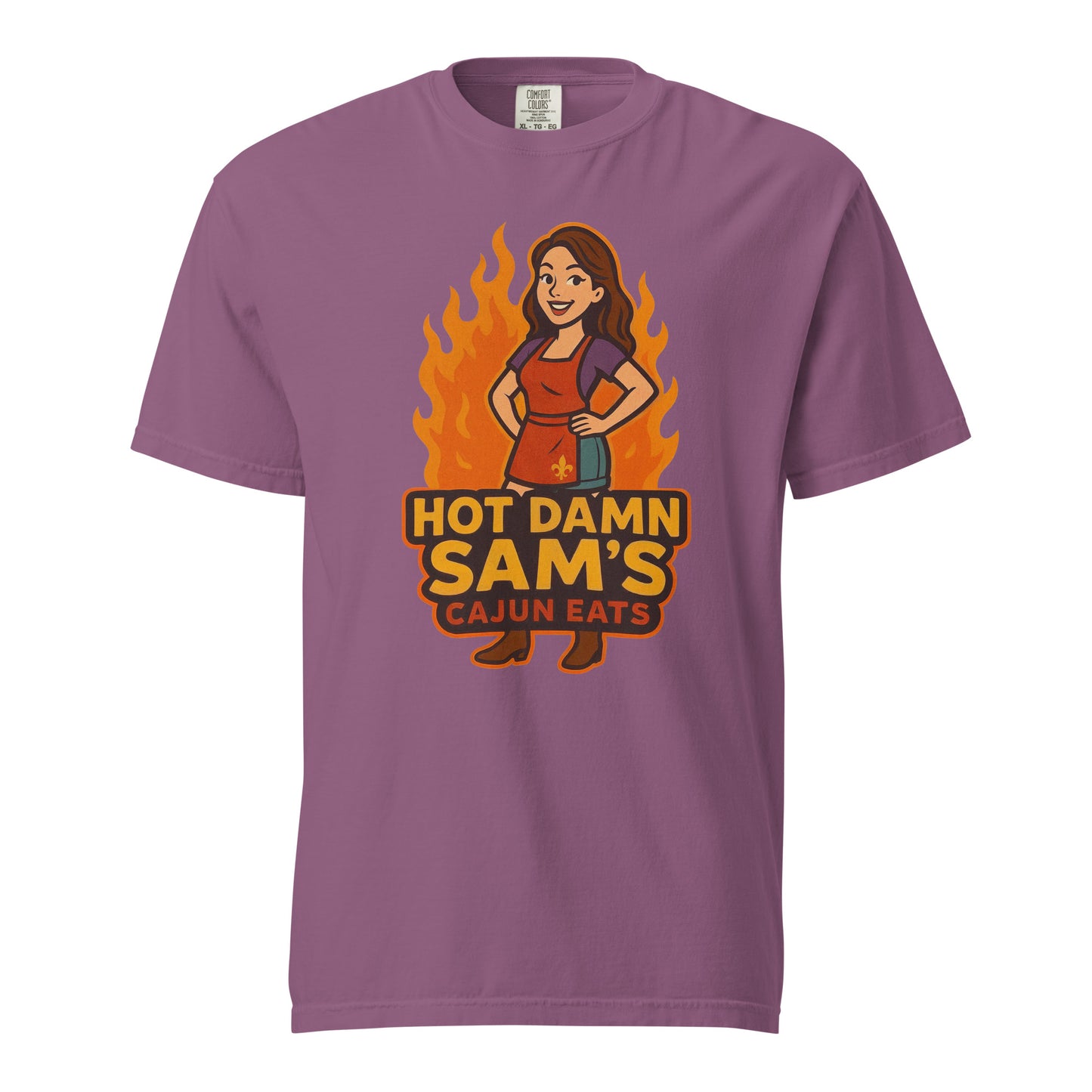 Hot Damn Sams Food Truck T-Shirt featuring a cartoon character with flames design