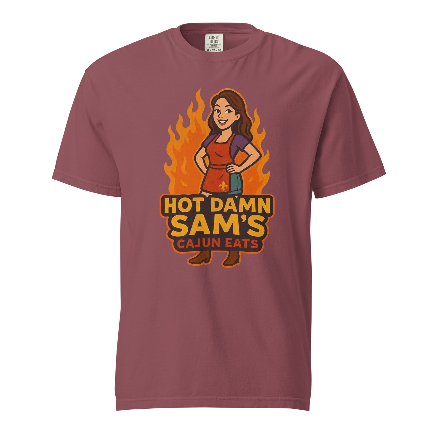 Hot Damn Sams Food Truck T-Shirt featuring a cartoon chef and vibrant flames design