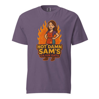 Hot Damn Sams Food Truck T-Shirt in Purple featuring a Cajun Eats logo and character design