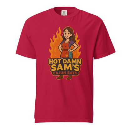 Red Hot Damn Sams Food Truck T-Shirt featuring a cartoon chef and flame design