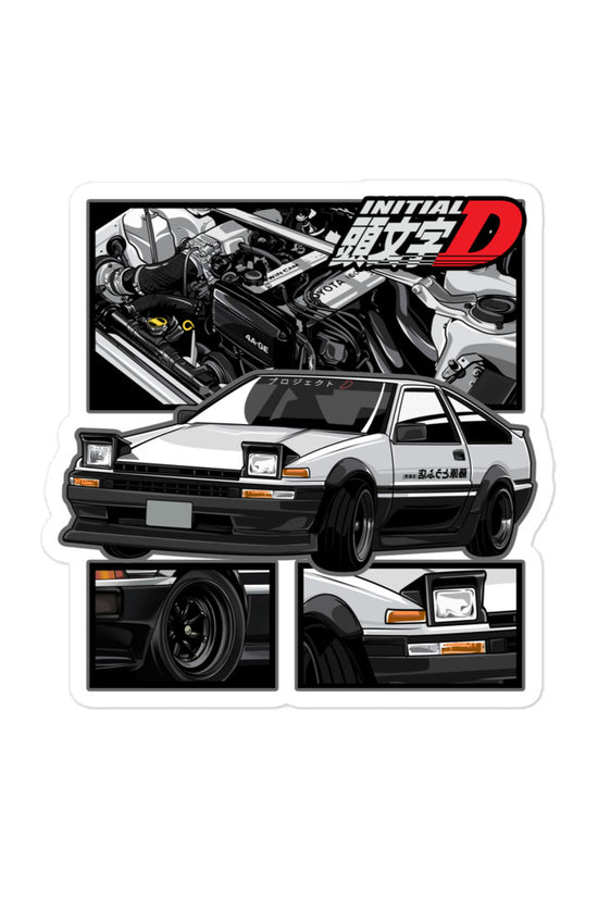 Initial D sticker featuring a detailed illustration of a classic Japanese car and engine design