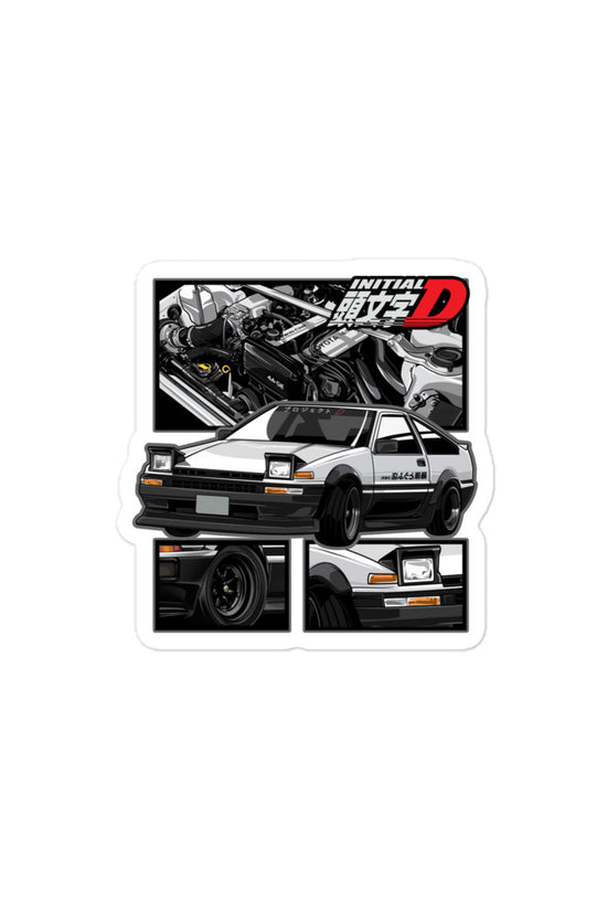 Initial D sticker featuring a classic car illustration and detailed engine design