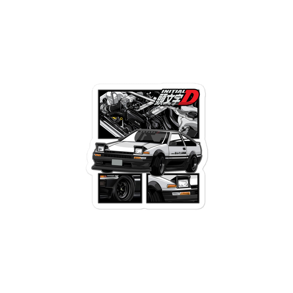 Initial D sticker featuring a classic car illustration and detailed engine design