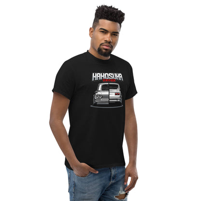 JDM Legend Hakosuka T-Shirt Nissan C10 Skyline GT-R Vintage Graphic Tee on a model in a black shirt
