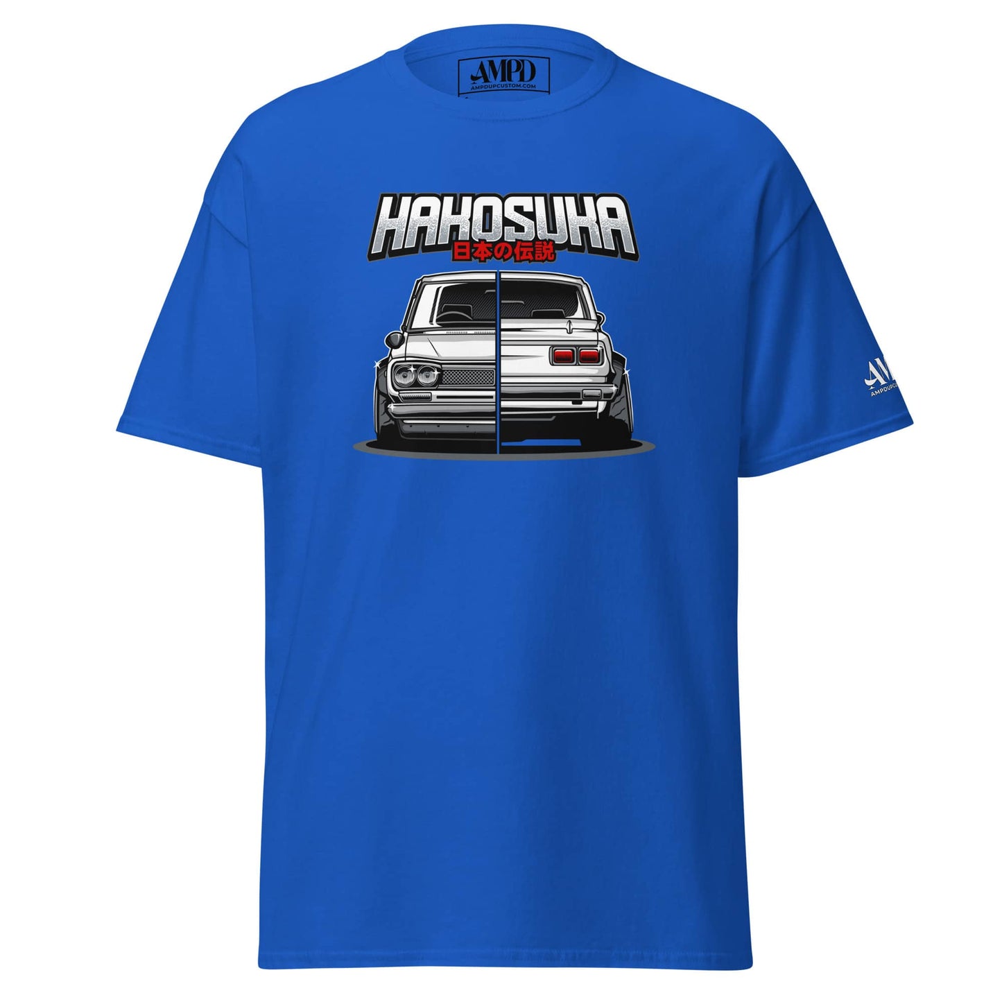JDM Legend Hakosuka T-Shirt Nissan C10 Skyline GT-R Vintage Graphic Tee in blue with iconic car design