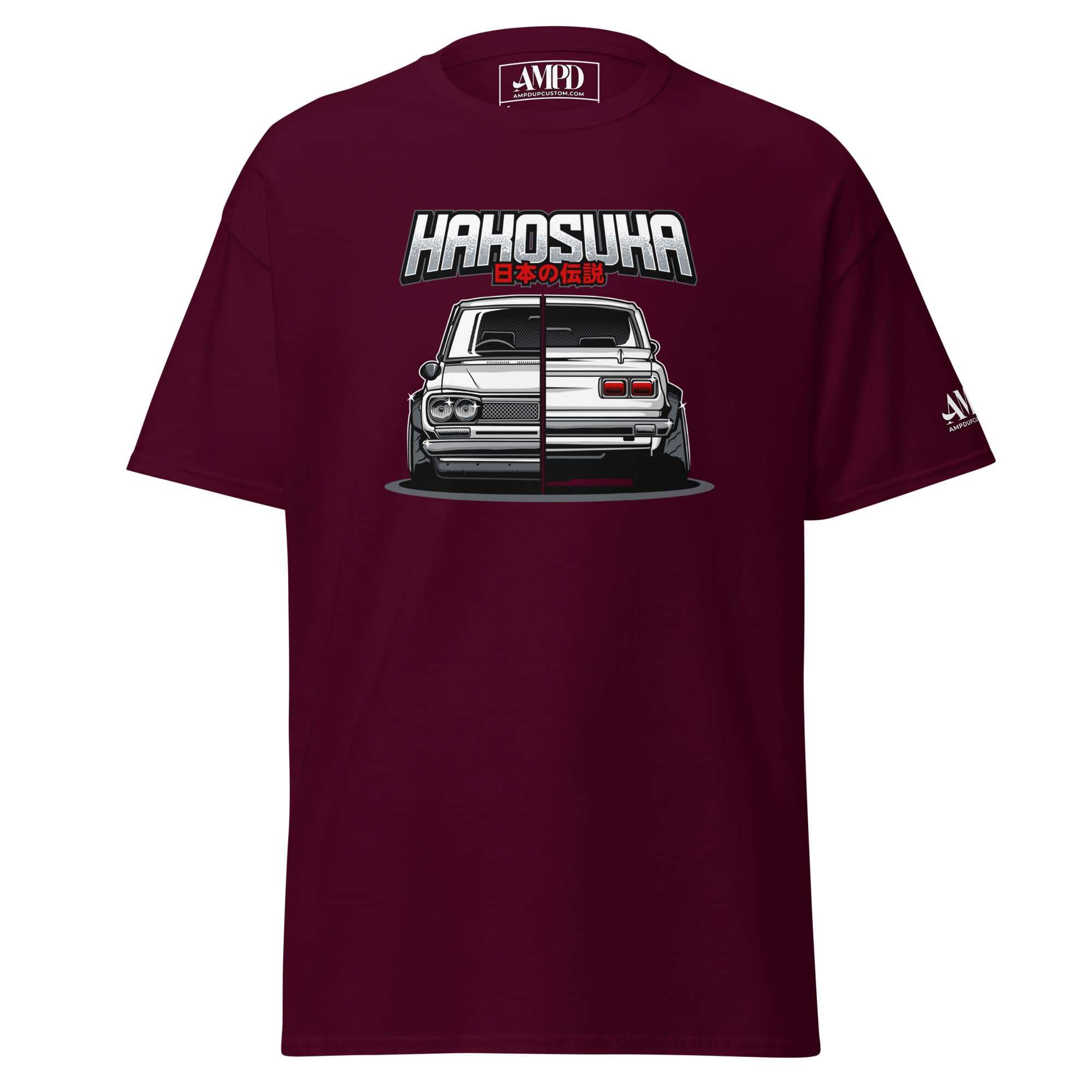 JDM Legend Hakosuka T-Shirt Nissan C10 Skyline GT-R Vintage Graphic Tee in burgundy color
