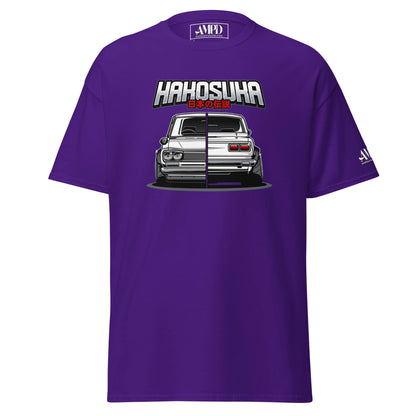 JDM Legend Hakosuka T-Shirt Nissan C10 Skyline GT-R Vintage Graphic Tee in purple featuring a stylish car design