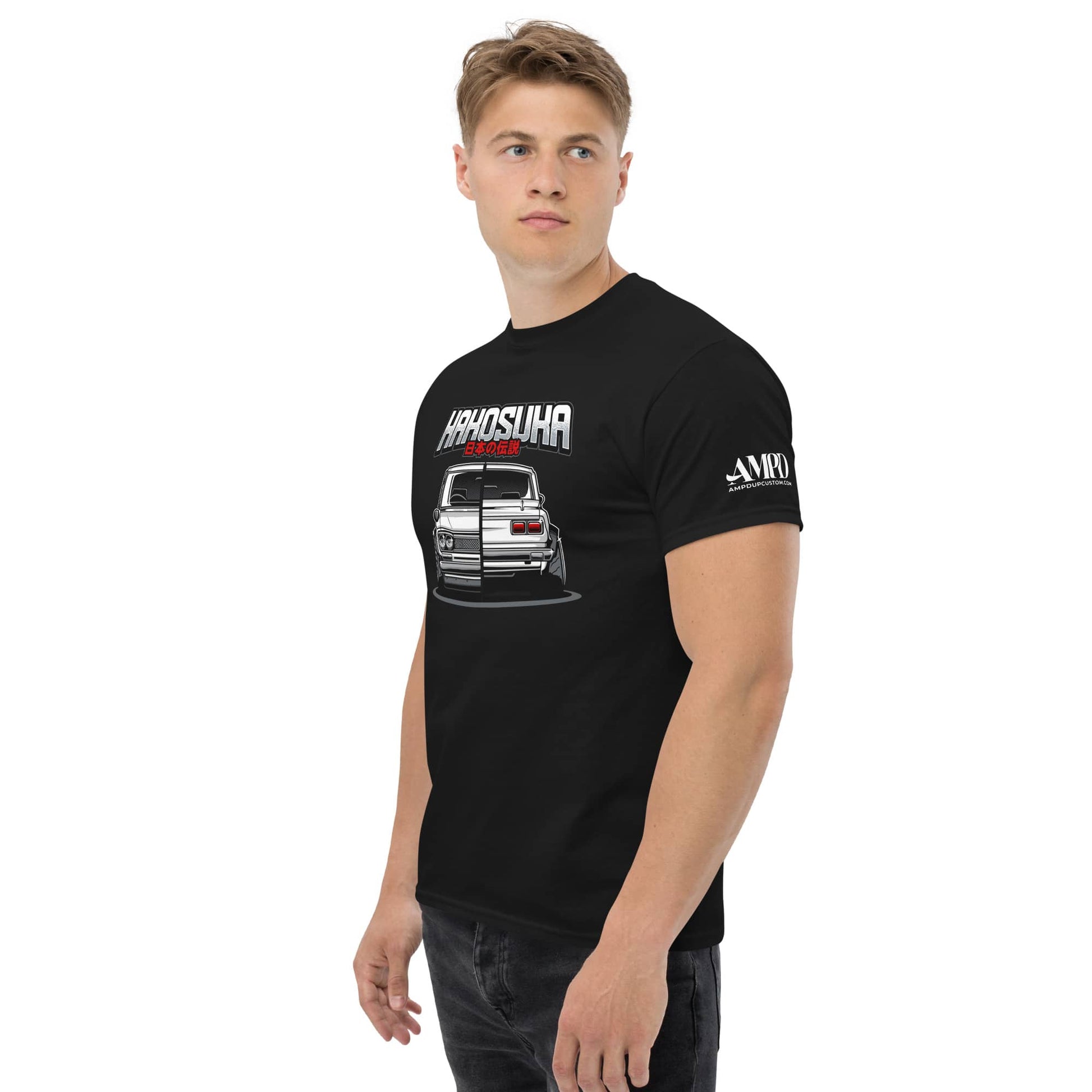 Man wearing JDM Legend Hakosuka T-Shirt Nissan C10 Skyline GT-R Vintage Graphic Tee in black