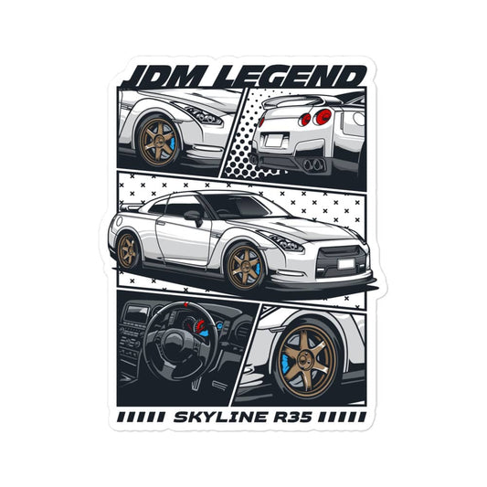 JDM Legend sticker featuring a Skyline R35 with detailed car illustrations and designs