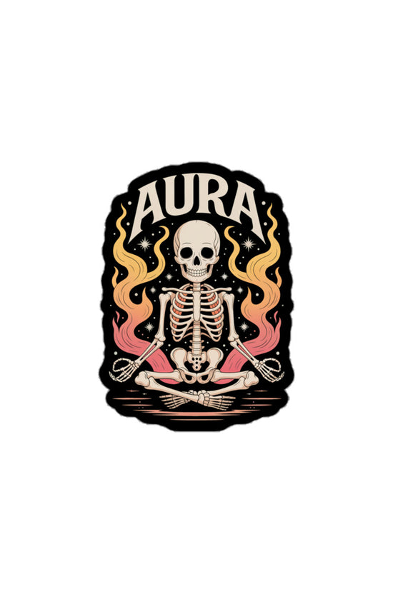 AURA sticker featuring a meditating skeleton with colorful flames on a black background