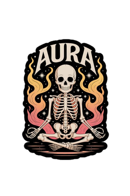 AURA sticker featuring a meditating skeleton with colorful flames and stars on black background