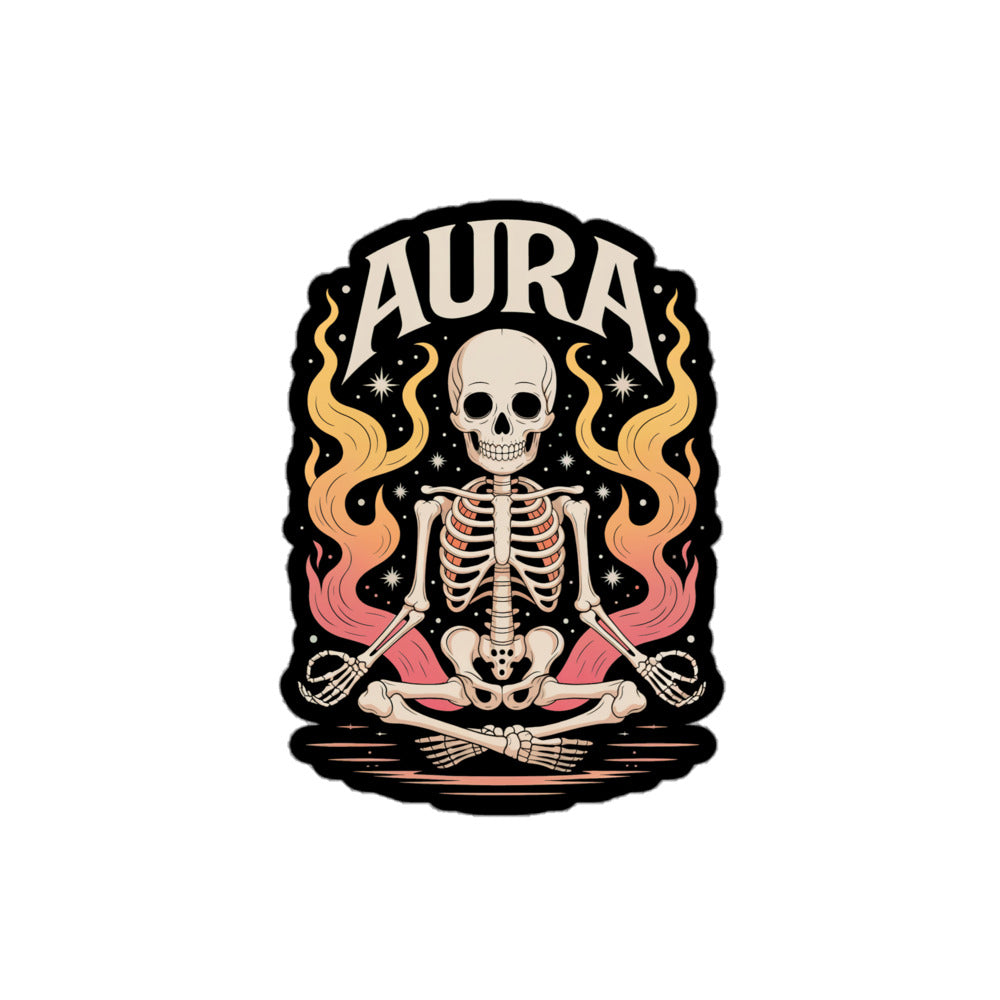 AURA sticker featuring a meditating skeleton with colorful flames and stars on black background