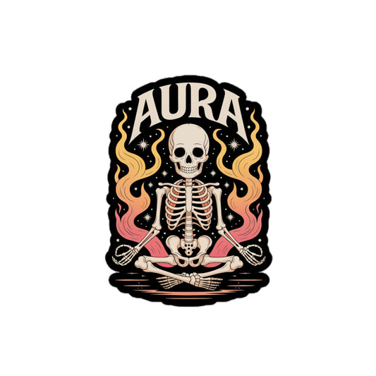 AURA sticker featuring a meditating skeleton with colorful flames and stars on black background