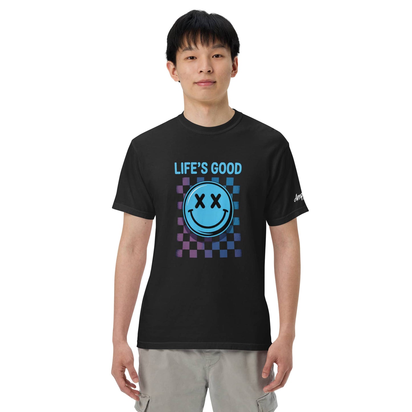Life's Good Smiley Face Checkered T-Shirt by Amp'd Up Custom in black with colorful graphic design