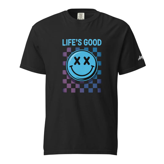 Amp'd Up Custom Life's Good Smiley Face Checkered T-Shirt in black with colorful graphic design