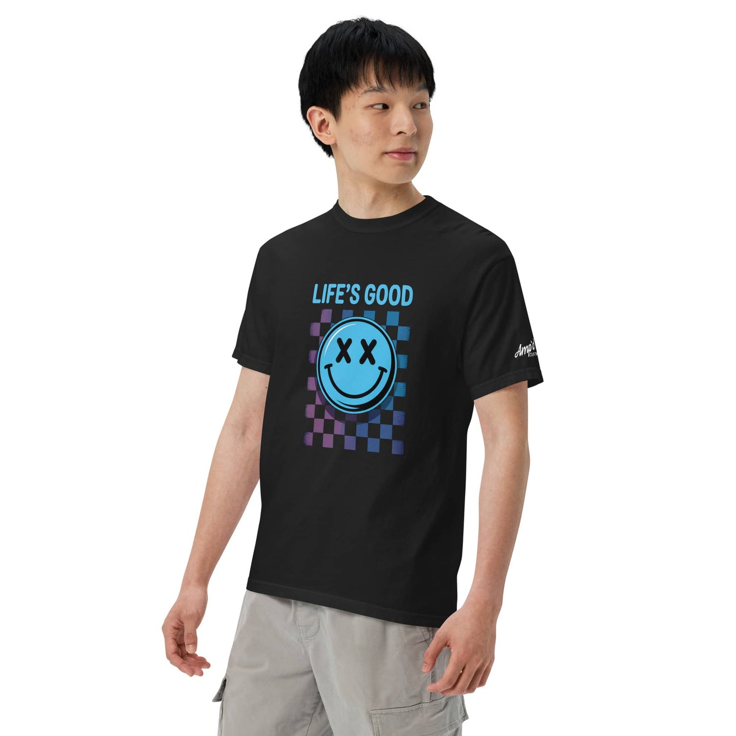 Life's Good Smiley Face Checkered T-Shirt featuring a colorful graphic design for a trendy look