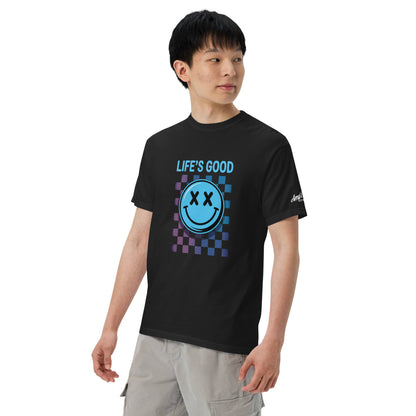 Life's Good Smiley Face Checkered T-Shirt featuring a colorful graphic design for a trendy look