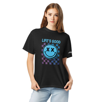 Life's Good Smiley Face Checkered T-Shirt in black featuring colorful graphics and relaxed fit