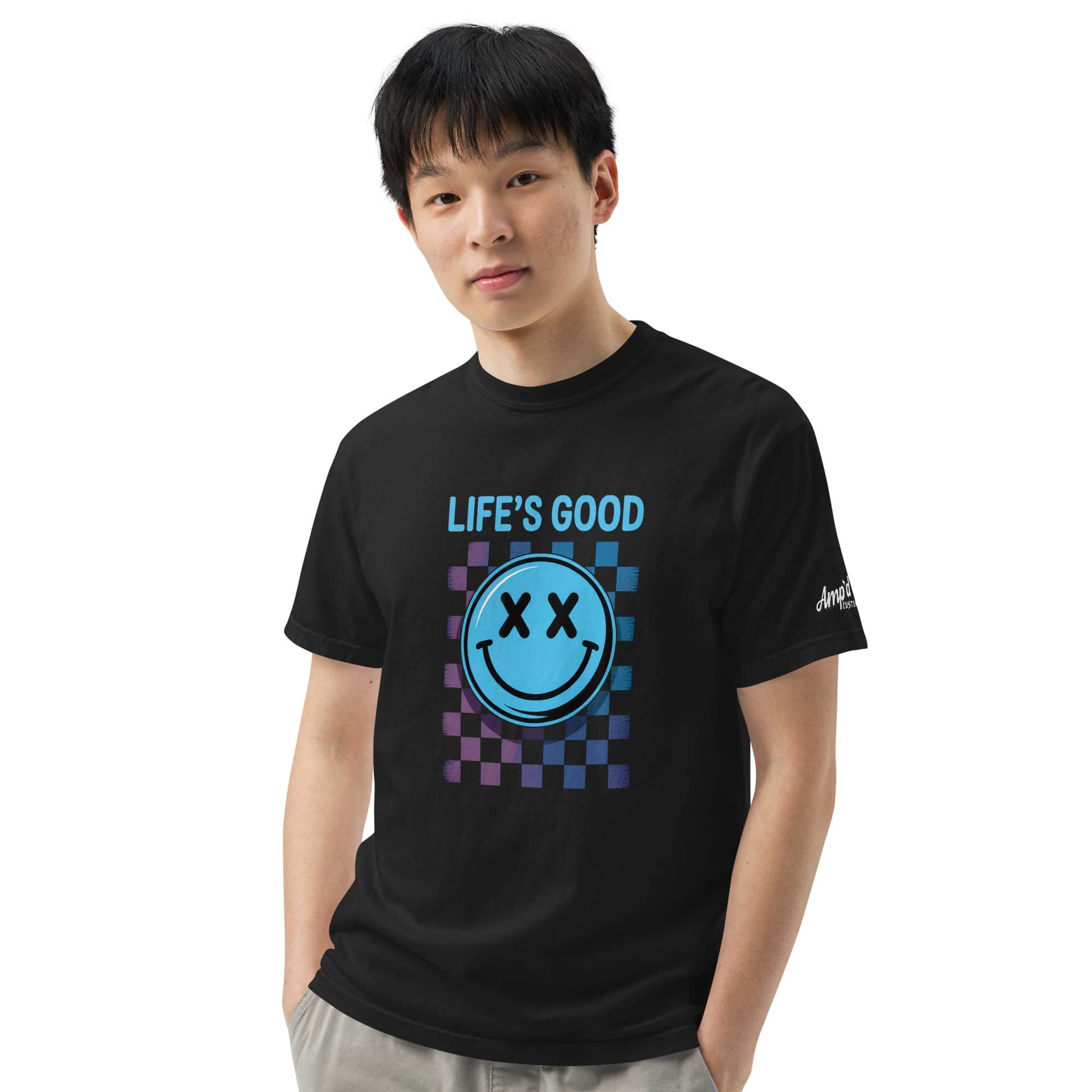 Life's Good Smiley Face Checkered T-Shirt in Black featuring a colorful smiley graphic
